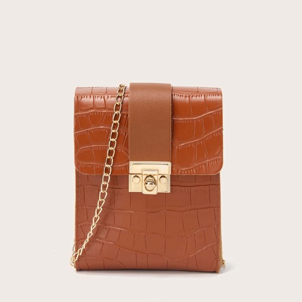 

Croc Embossed Chain Phone Bag, Brown