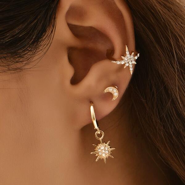 

4pcs Rhinestone Decor Earrings, Gold