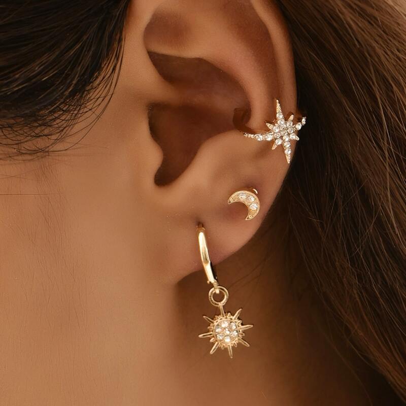 

4pcs Rhinestone Decor Earrings, Gold