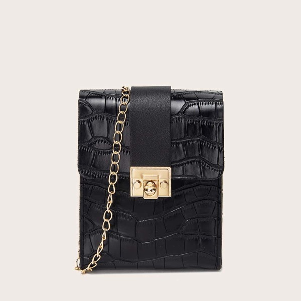 

Croc Embossed Chain Phone Bag, Black