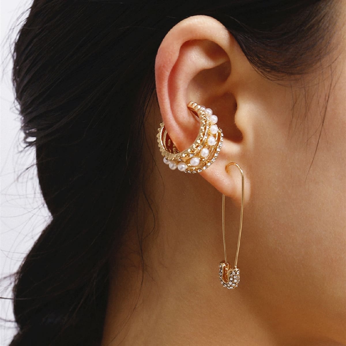 

2pcs Faux Pearl & Rhinestone Earrings, Gold