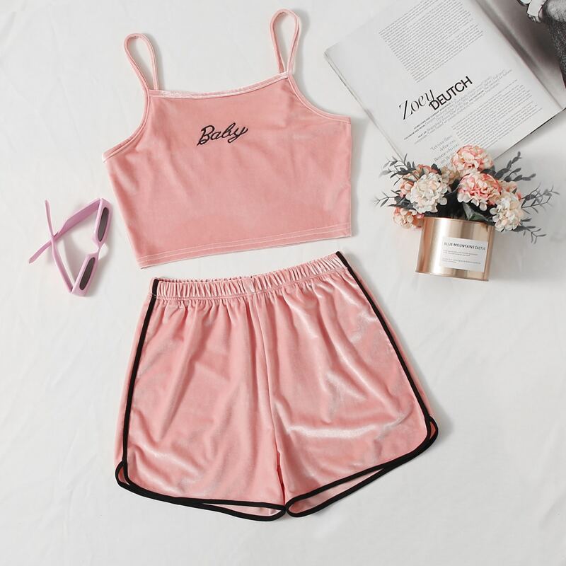 

Letter Embroidery Velvet Cami & Dolphin Shorts, Pink