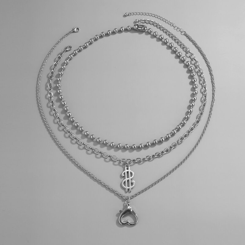 

Dollar & Heart Layered Chain Necklace, Silver