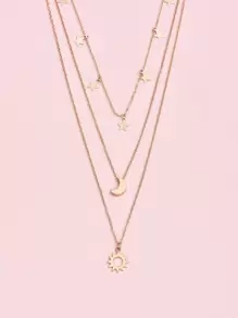 Moon Charm Layered Necklace - Yellow Gold - View 4