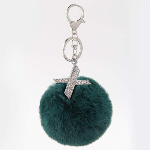 

Fluffy Pom Pom Charm Keychain, Dark green