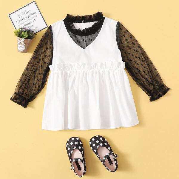 

Toddler Girls Contrast Mesh Sleeve Frill Neck Blouse, Black and white