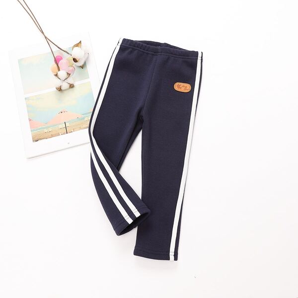 

Toddler Girls Side Striped Letter Patched Fleece Lined Leggings, Navy blue