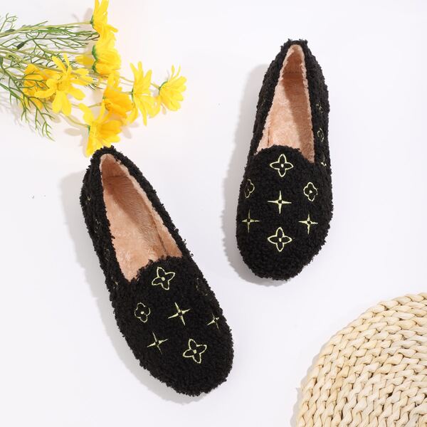 

Flower Embroidered Fluffy Flats, Black