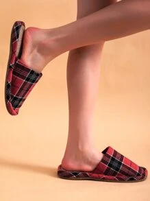 Plaid Graphic Wide Fit Fluffy Slippers - Red - View 2