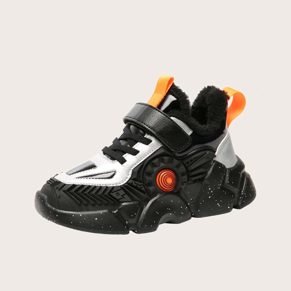 

Boys Colorblock Velcro Strap Plush Inside Sneakers, Black