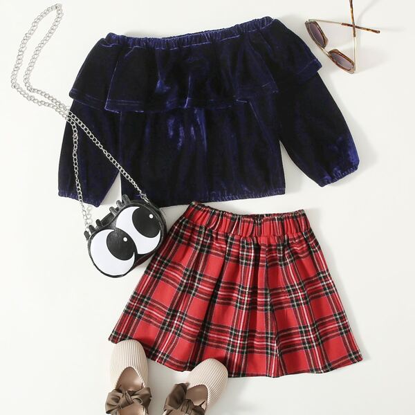 

Toddler Girls Velvet Bardot Ruffle Top With Tartan Skirt, Multicolor
