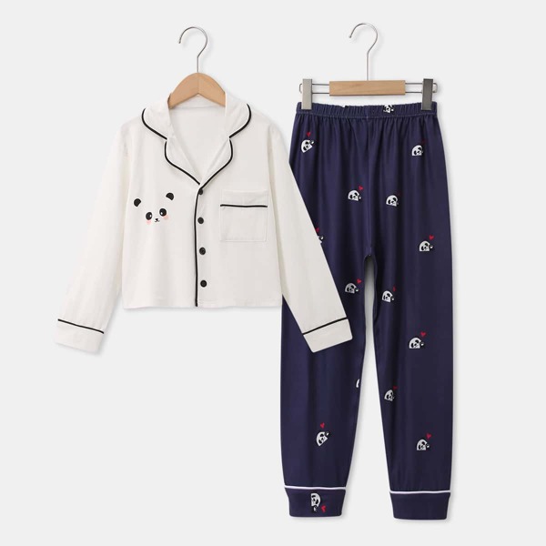 

Girls Cartoon Graphic Contrast Piping Pajama Set, Multicolor