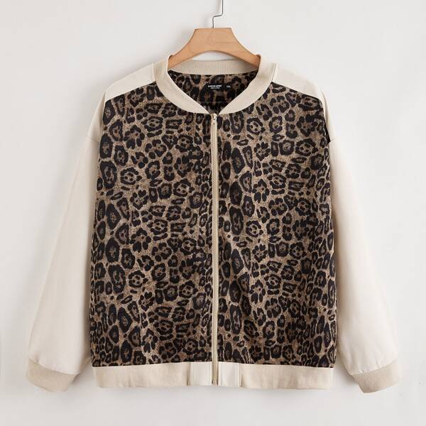 

Plus Leopard Colorblock Drop Shoulder Bomber Jacket, Multicolor
