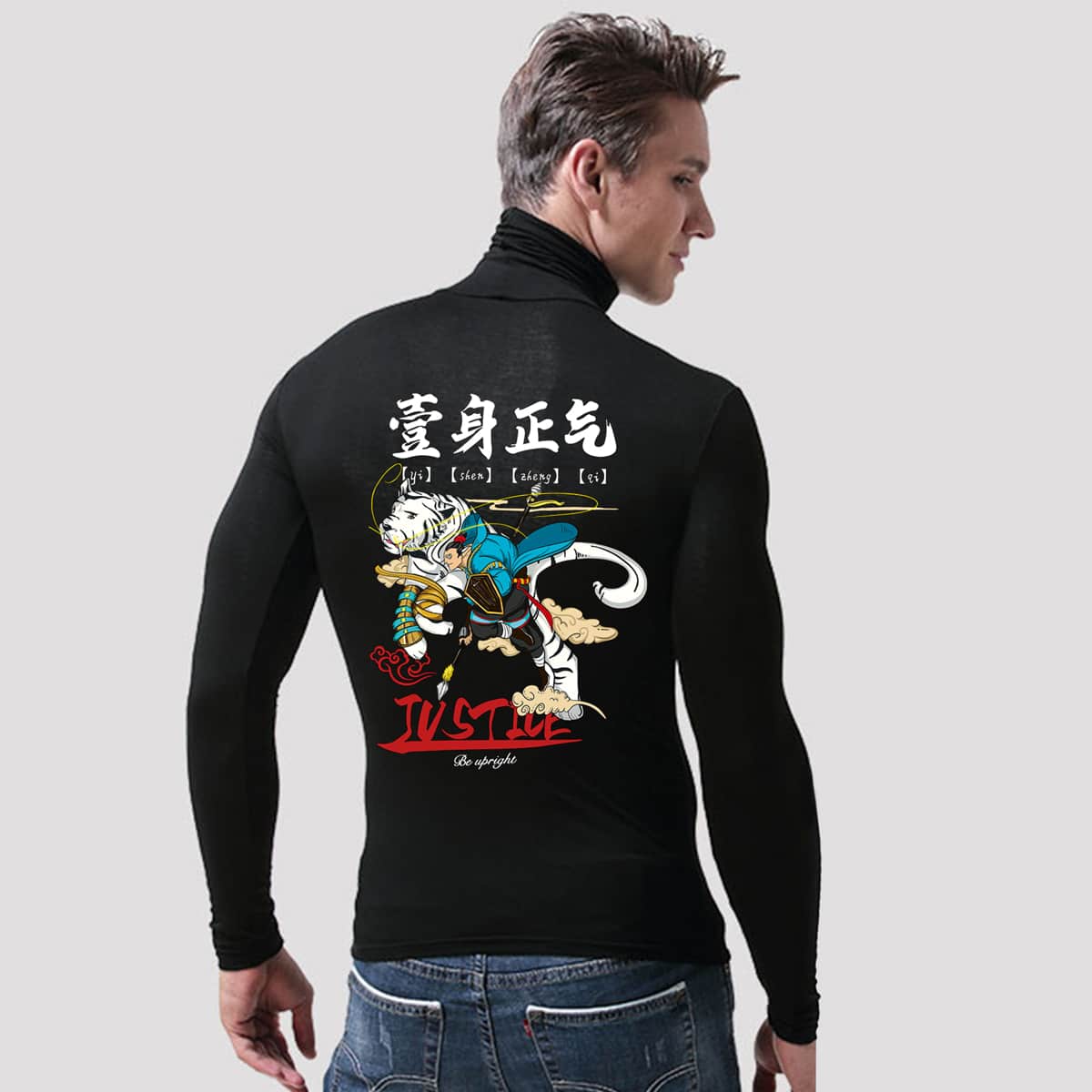 

Men High Neck Chinese Characters Print Tee, Black
