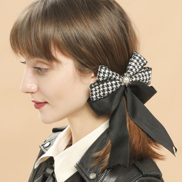 

Houndstooth Pattern Bow Knot Decor Hair Clip, Black and white