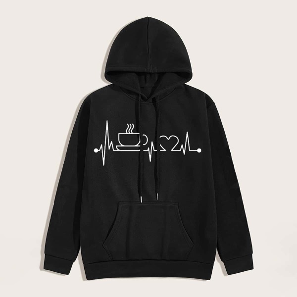 

Men ECG Print Kangaroo Pocket Drawstring Hoodie, Black