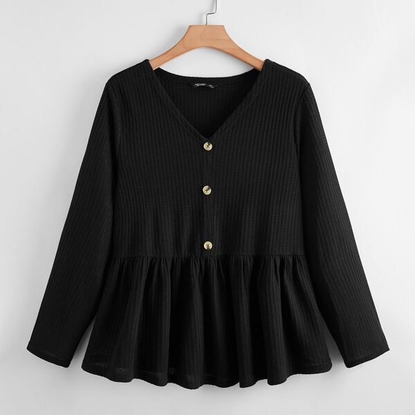 

Plus Button Front Babydoll Tee, Black