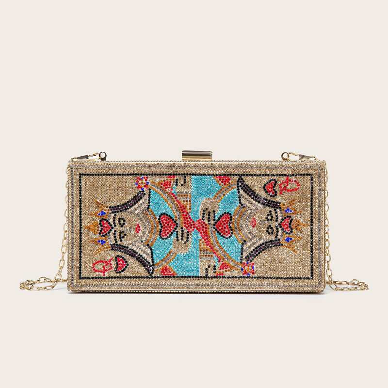 

Figure Graphic Rhinestone Box Clutch Bag, Gold