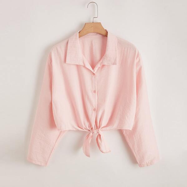 

Plus Button Front Knot Hem Blouse, Baby pink