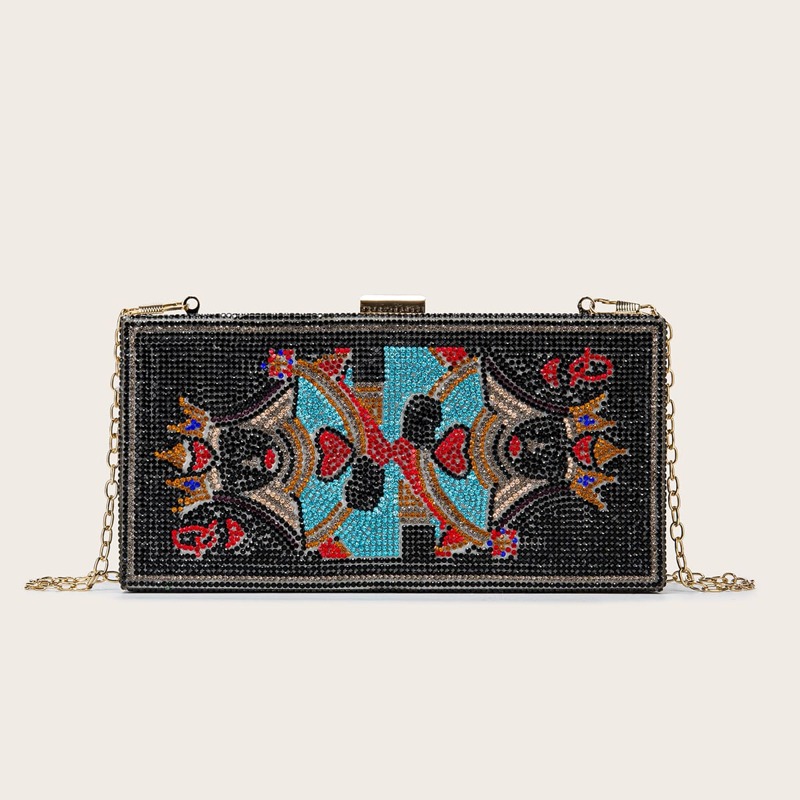 

Figure Graphic Rhinestone Box Clutch Bag, Black