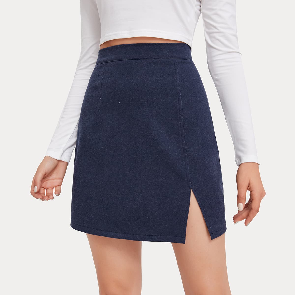 

Solid Split Skirt, Navy blue