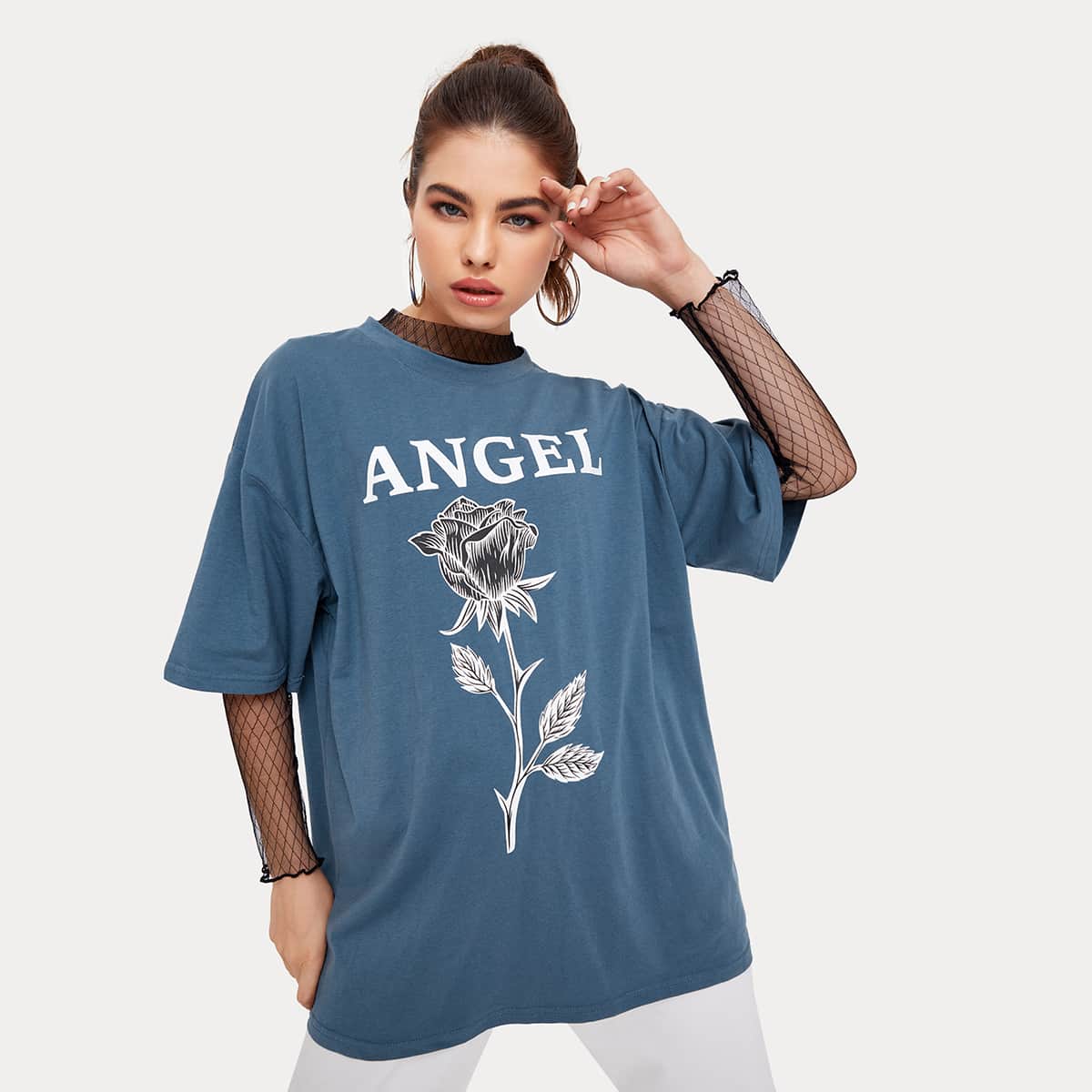 

Letter Flower Oversized Tee, Dusty blue
