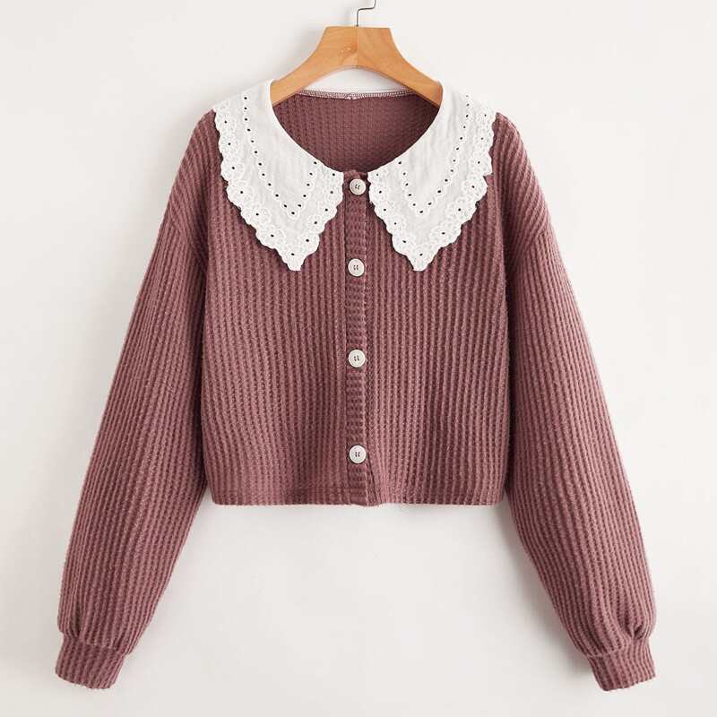 

Eyelet Embroidery Collar Button Front Cardigan, Mauve purple