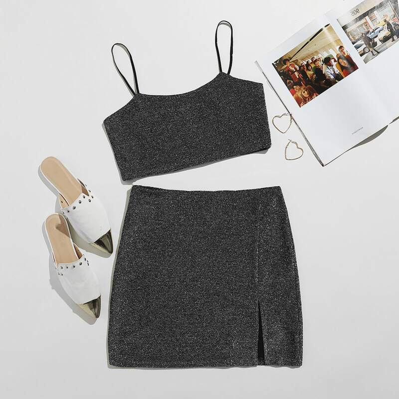 

Solid Crop Cami & Split Skirt, Dark grey
