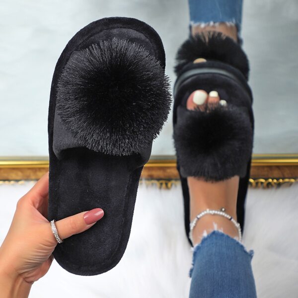 

Pom-pom Decor Wide Fit Slippers, Black