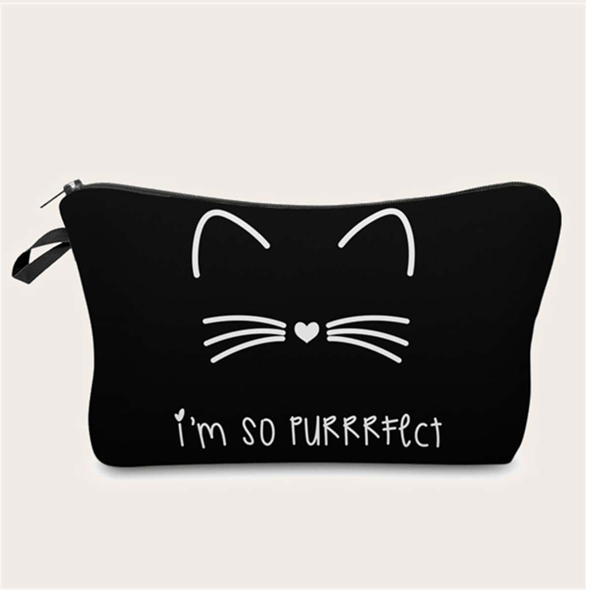 

Cat & Letter Graphic Makeup Bag, Black
