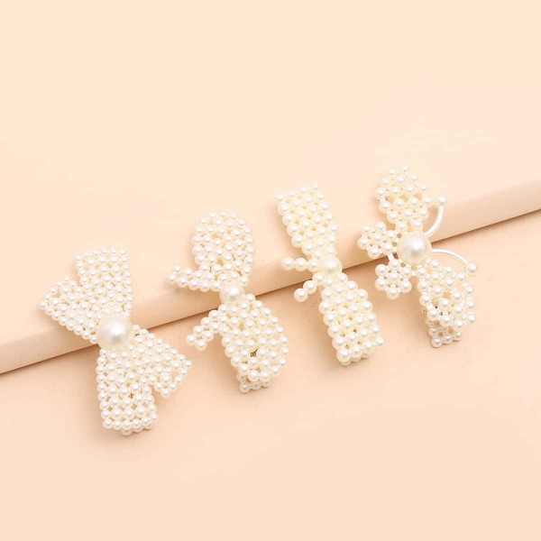 

4pcs Faux Pearl Beaded Hair Clip, White