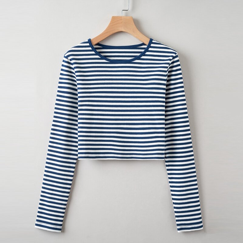 

Striped Ribbed Crop Tee, Blue and white