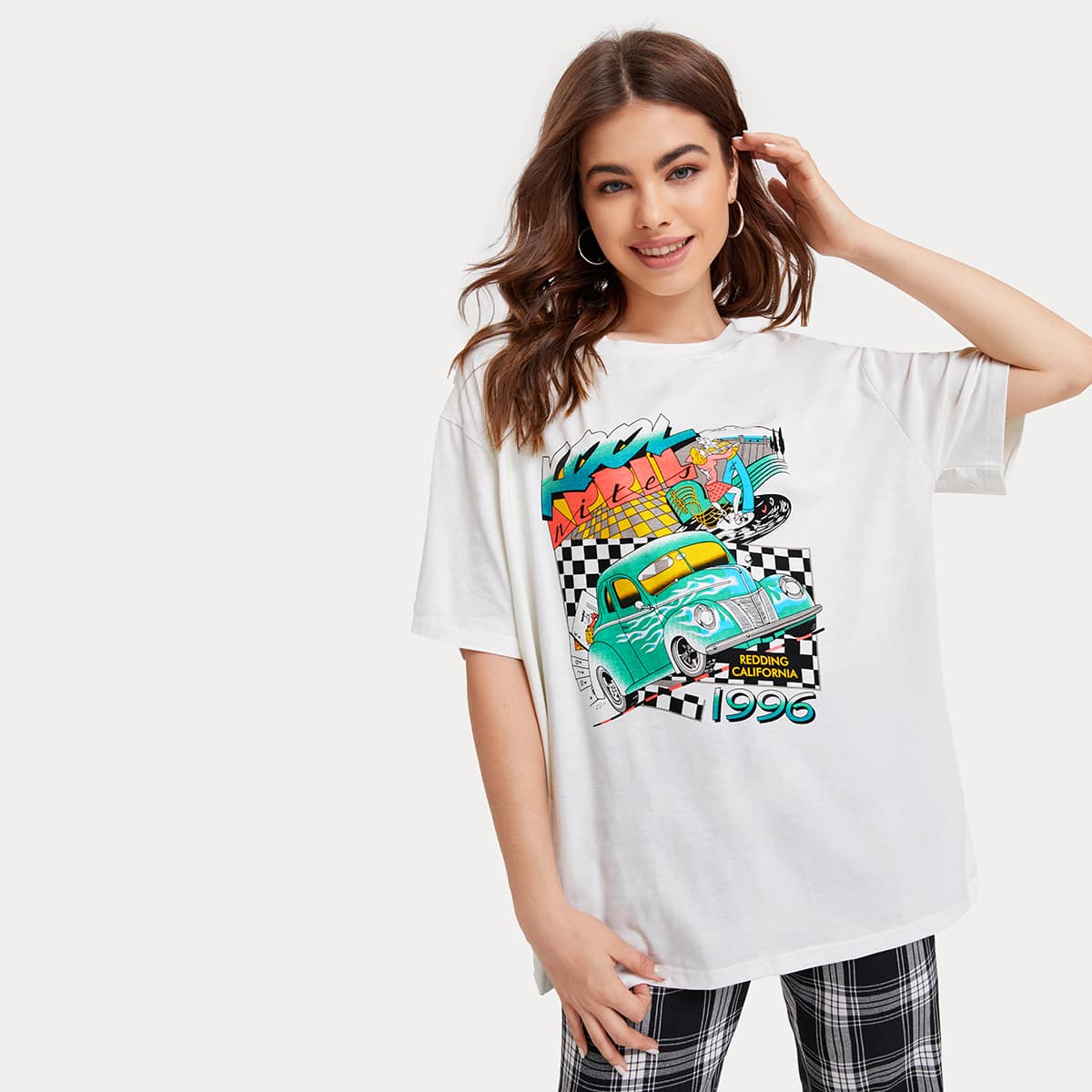

Car & Letter Graphic Oversized Tee, White