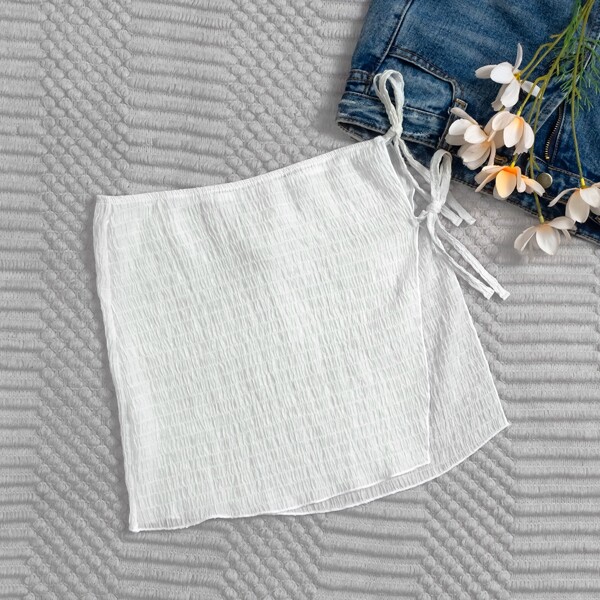

Shirred Tie Side Cover Up Skirt, White