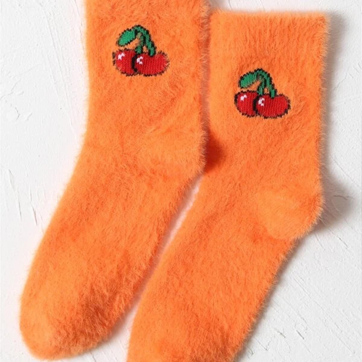 

1pair Cherry Pattern Fuzzy Socks, Orange