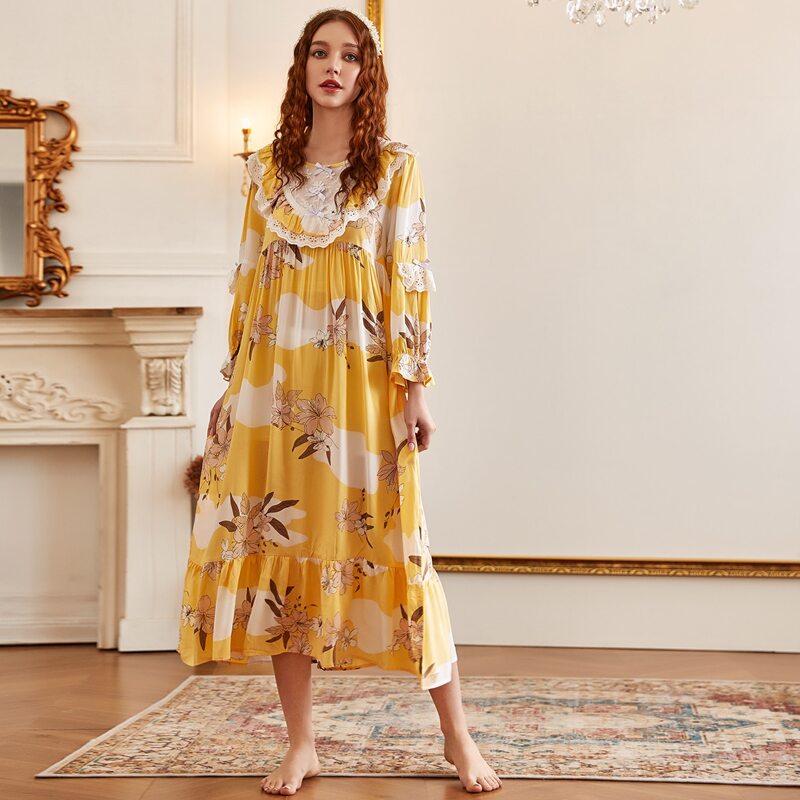 

Flower Print Ruffle Hem Night Dress, Yellow