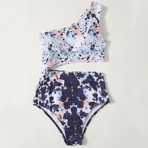 

Splash Ink Cut-out One Shoulder One Piece Swimsuit, Multicolor