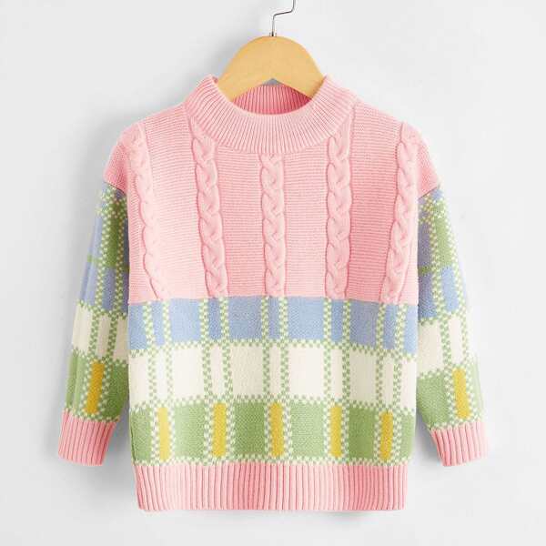 

Girls Colorblock And Geo Pattern Drop Shoulder Sweater, Multicolor