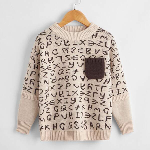 

Boys Letter Pattern Drop Shoulder Pocket Patched Sweater, Apricot