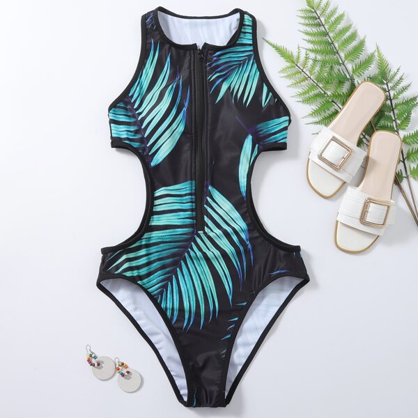 

Leaf Print Cut-out Waist Zip Front One Piece Swimsuit, Multicolor