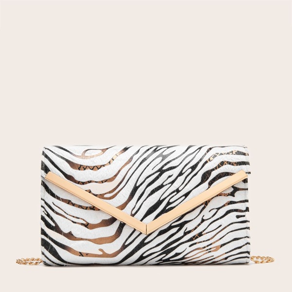 

Metal Edge Zebra Striped Pattern Clutch Bag, Black and white