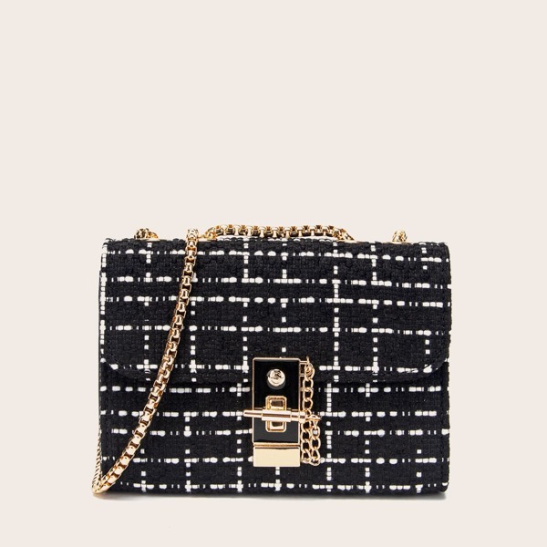 

Tweed Flap Shoulder Bag, Black