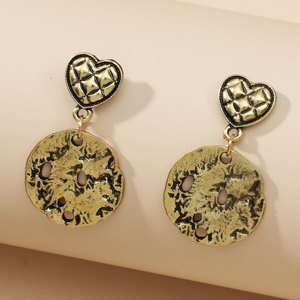 

Vintage Heart Decor Round Drop Earrings, Bronze