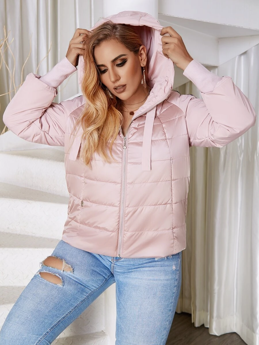 Astrid Plus Zip Up Draped Hooded Padded Coat - Baby Pink - View 1