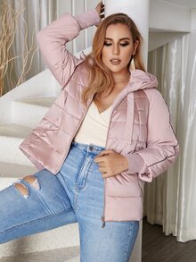 Astrid Plus Zip Up Draped Hooded Padded Coat - Baby Pink - View 4