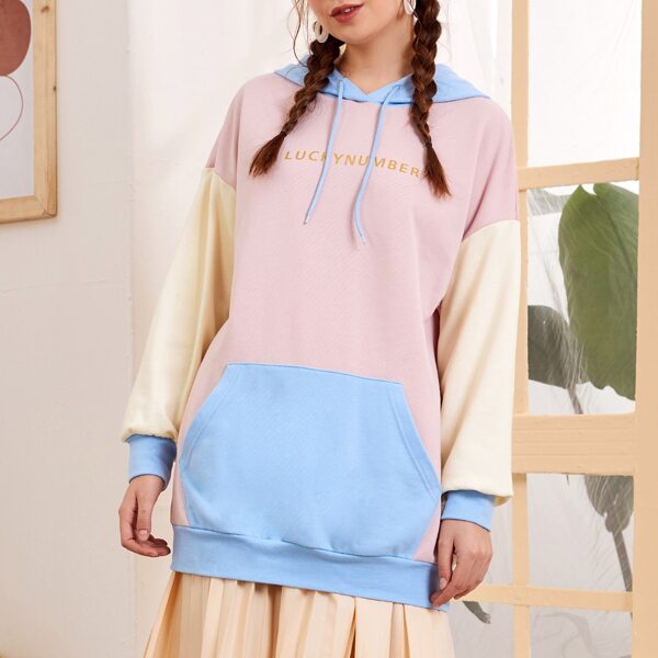 

Letter Graphic Drop Shoulder Colorblock Longline Hoodie, Multicolor