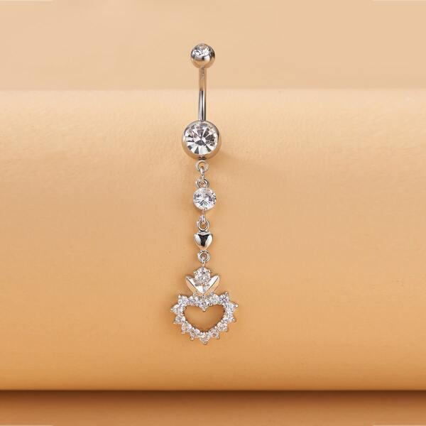 

Rhinestone Heart Decor Belly Ring, Silver