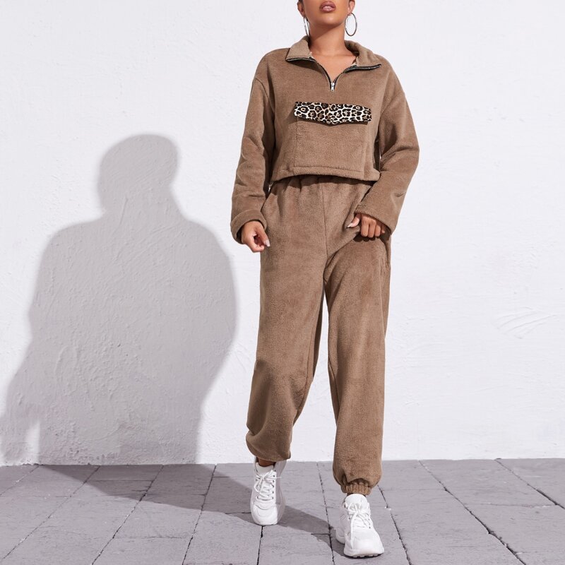 

Contrast Leopard Panel Half Zip Sweatshirt & Pants, Camel