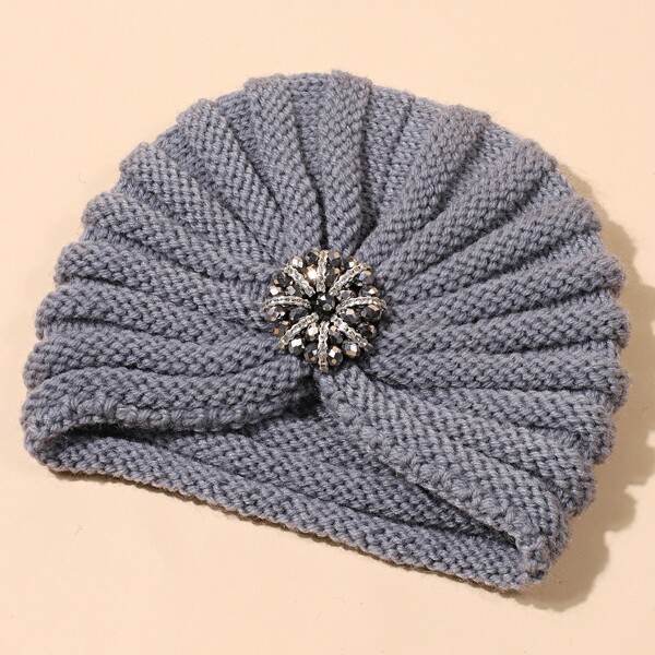 

Rhinestone Decor Knit Turban Hat, Grey