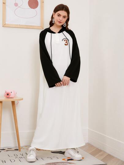 Letter and Number Print Contrast Raglan Sleeve Hoodie Dress